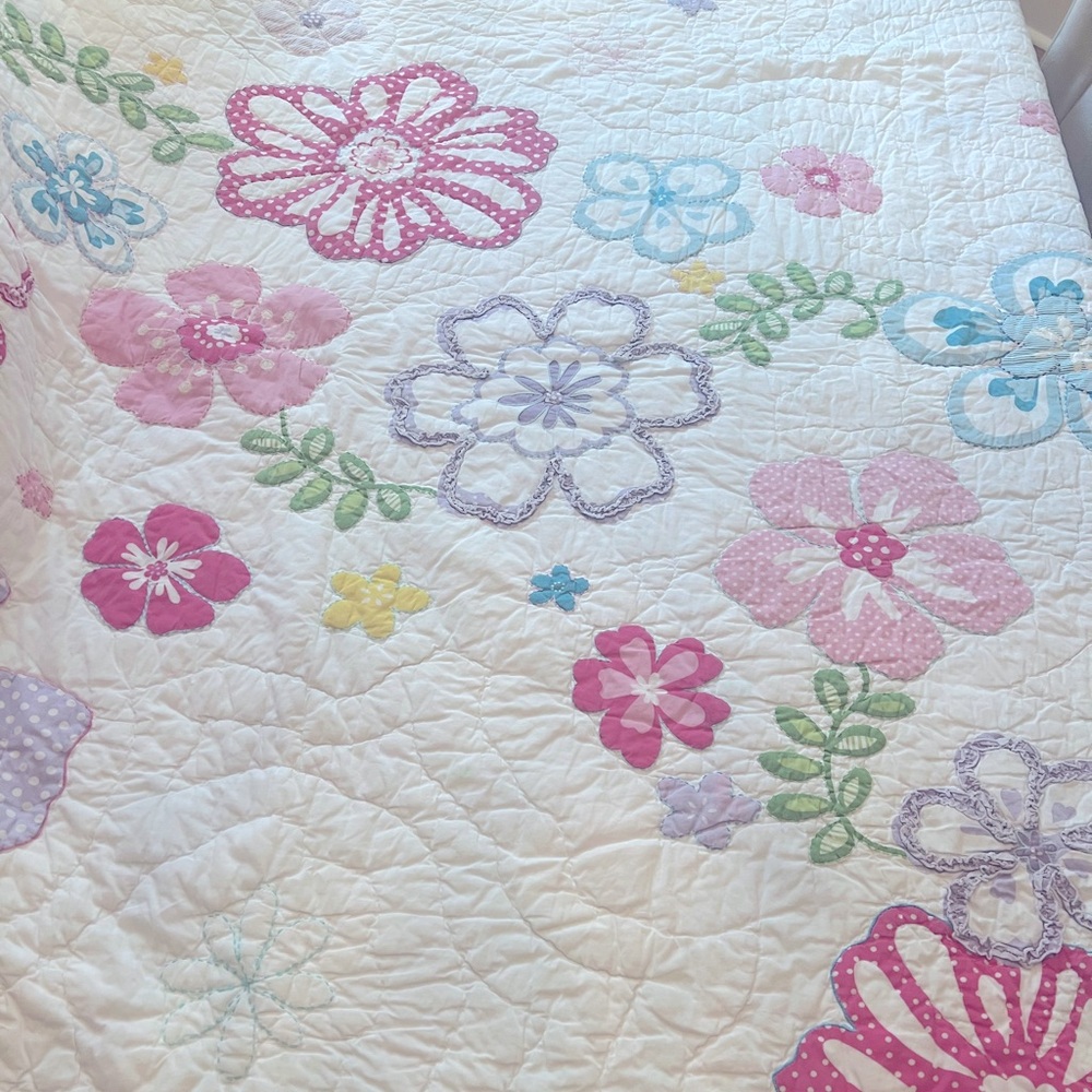 Full/Queen sized Potterybarn Kids reversible flower quilt.